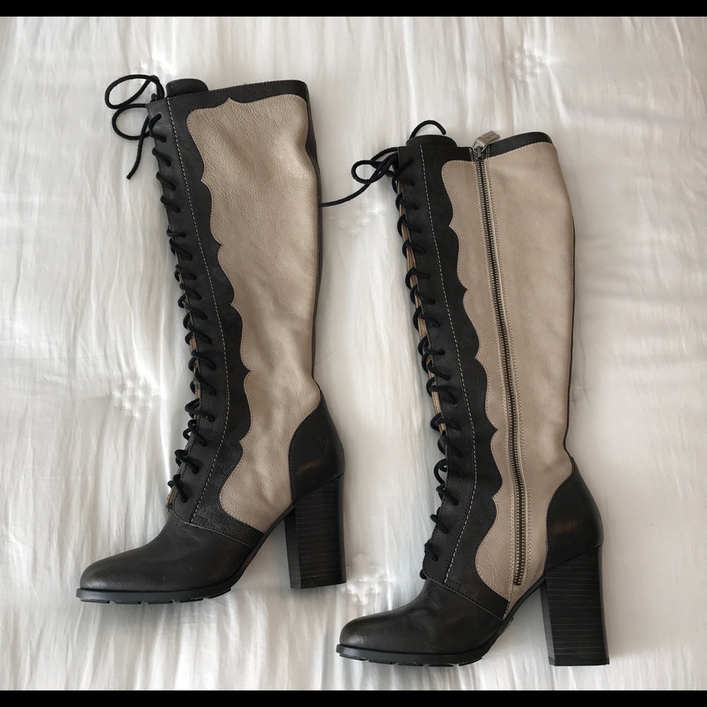 FRYE Knee High Tall Two Tone Lace Up Zipper Heeled Boot 6